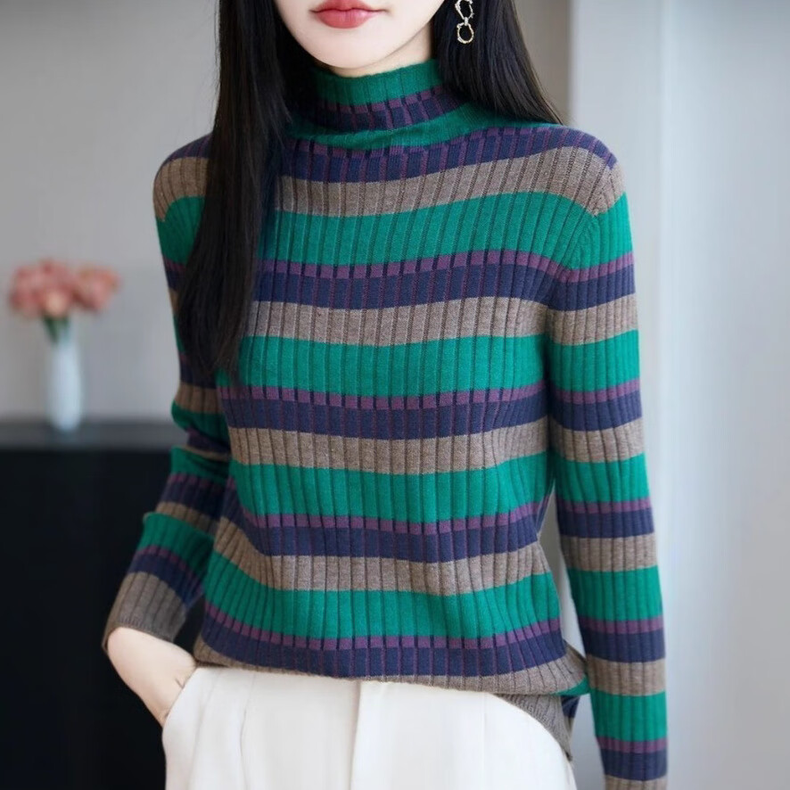 撞色条纹半高领针织打底衫女秋冬厚款内搭毛衣上衣 绿色条纹 均码 80-130斤