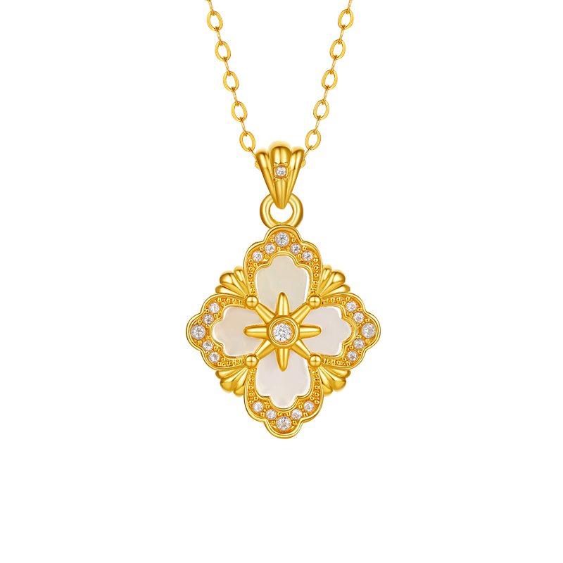 賽菲爾18K金吊墜女綺夢四葉草K金鑲鋯掛墜彩金吊墜送生日禮物 吊墜+18K金O字鏈+摯愛玫瑰禮盒