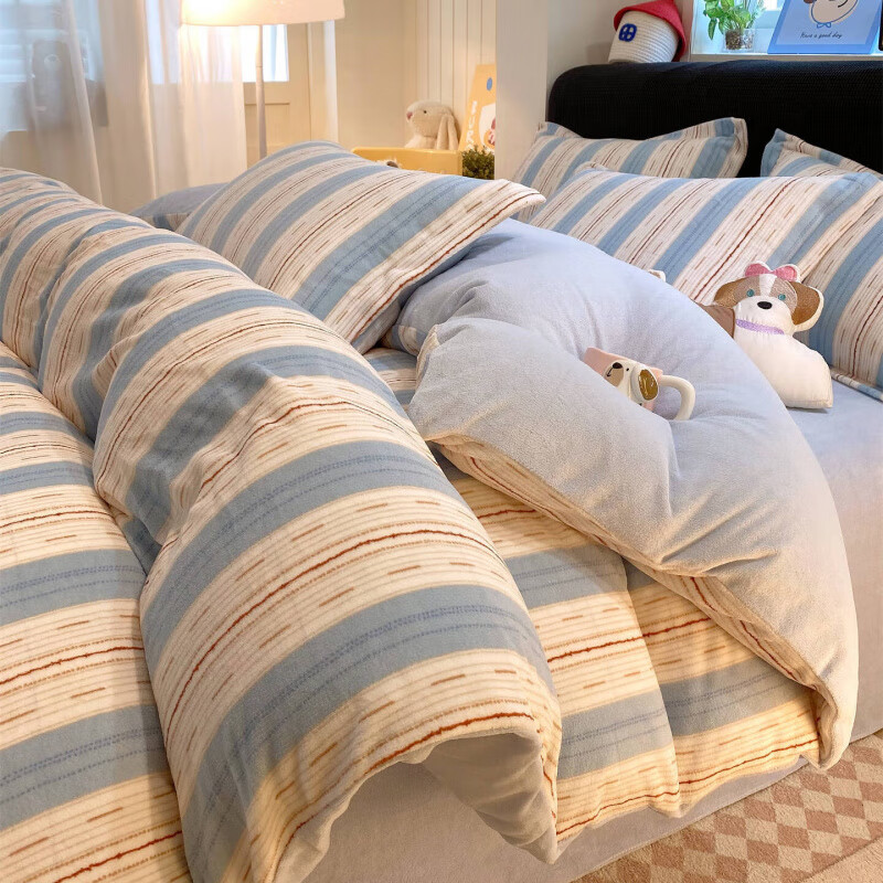 猫人（MiiOW）牛奶绒卡通床上四件套双面加绒加厚珊瑚绒床单被套罩三件套床品 蓝白线条【厚实保暖舒适柔软】 1.8m 床单款 四件套-200*230cm被套