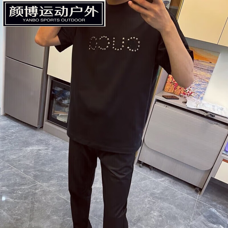 嬅欣苏6衣服精神小伙短袖t恤男2024夏季新款时尚烫钻苏六男士高端 黑色高质量铆钉烫钻 M 80-90斤