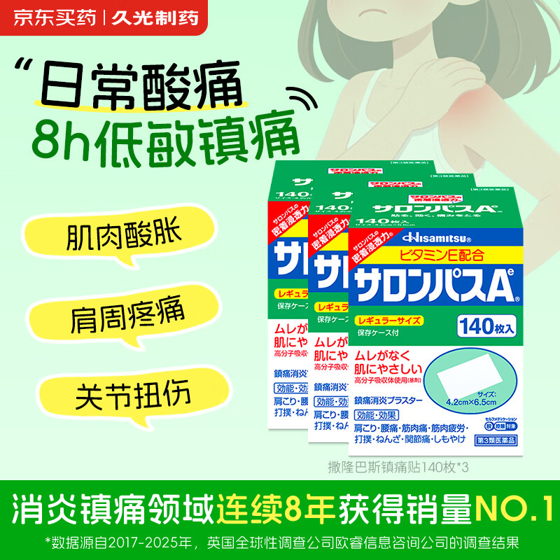 撒隆巴斯镇痛膏贴 日本久光制药膏药止痛膏贴原装进口缓解跌打损伤肩痛腰痛肌肉酸痛140片*3盒装	