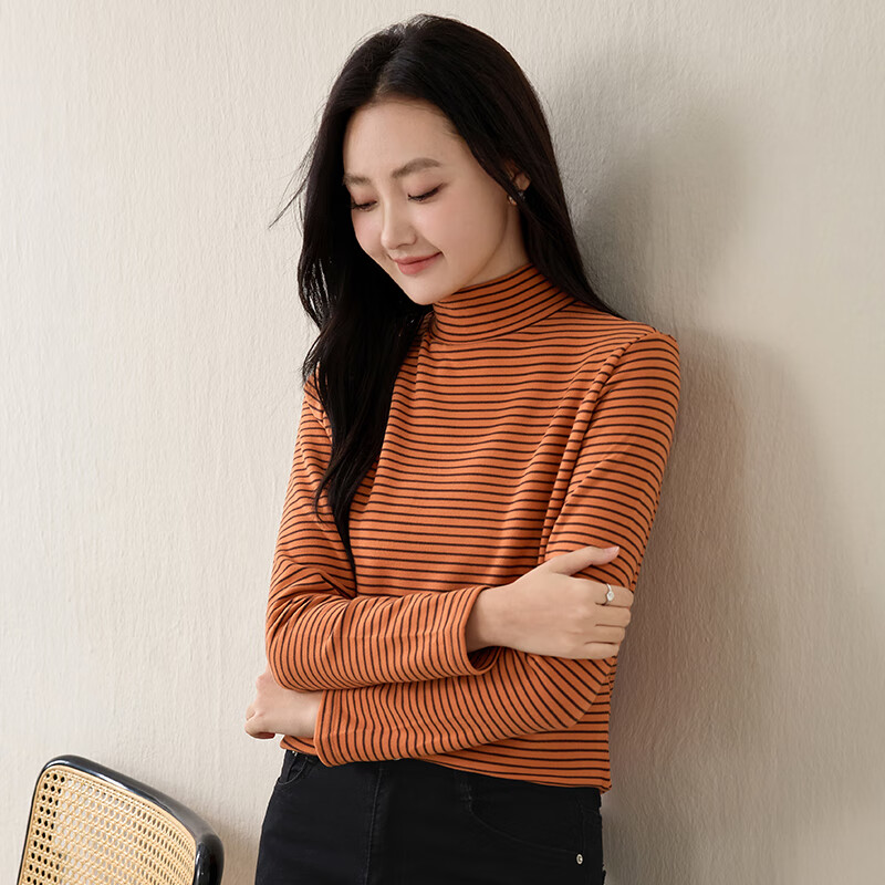子牧棉麻秋冬装 女韩版德绒条纹打底衫加厚双面磨毛保暖长袖上衣8863 元气橙半高领条纹款德绒 加厚 L (建议110-125斤)
