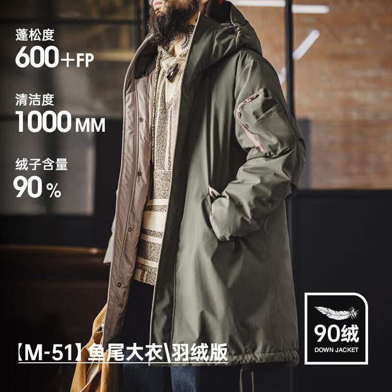 马登工装美式复古M51中长款羽绒服男冬连帽派克服大衣男士厚款外套 灰绿 S