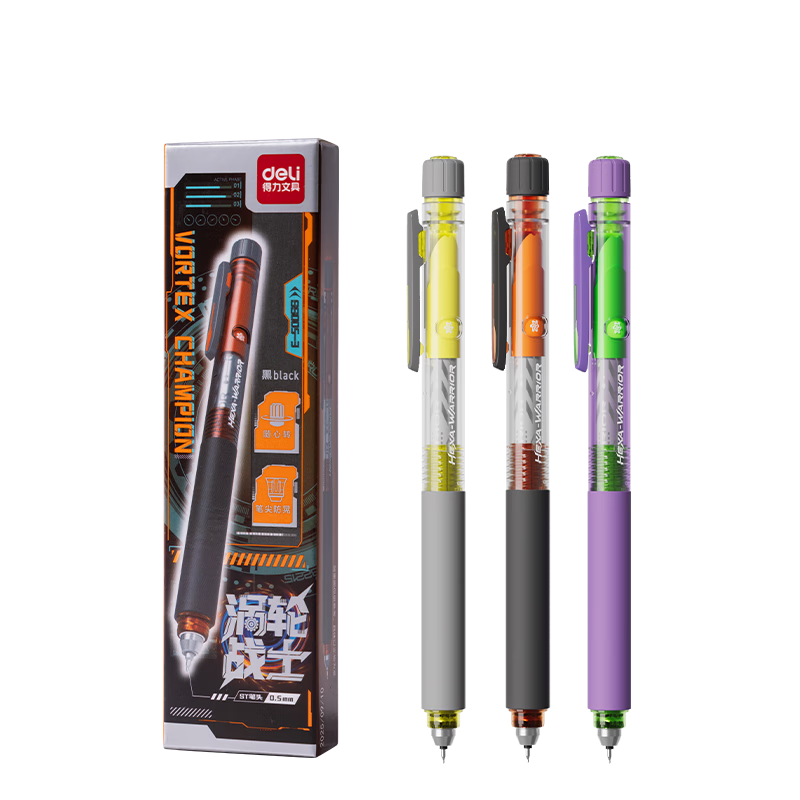 得力（deli）涡轮战士旋转出芯直液笔 0.5mm双珠ST头速干顺滑考试笔刷题笔学生中性笔 黑色3支/盒SS005-3