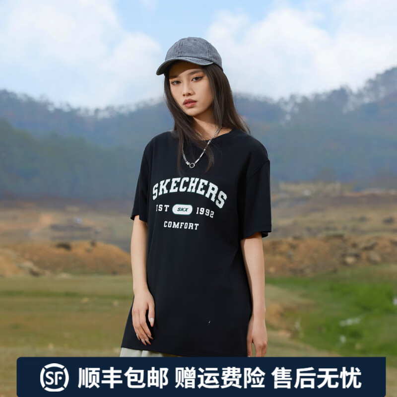 斯凯奇（Skechers）休闲短袖圆领夏季t恤衫纯棉宽松印花潮流U167男士新款t恤 深黑色 XS