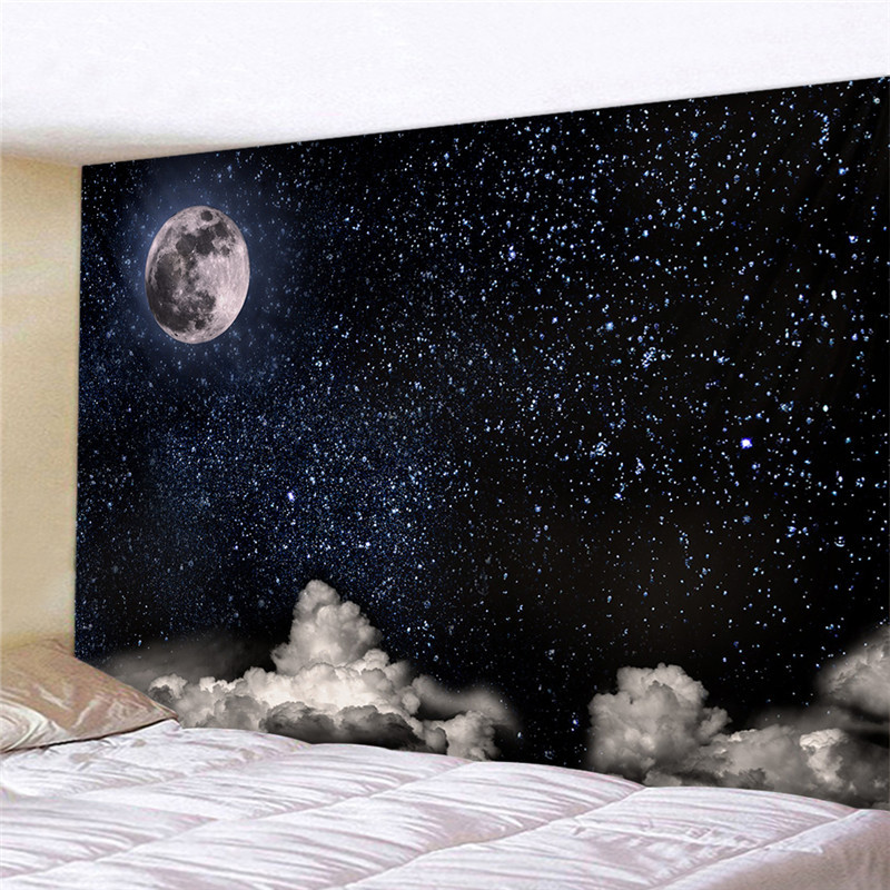 丞星星空月亮床头卧室墙壁挂毯壁挂布桌布背景布直播装饰布免打孔带灯 图一150高*200宽(带星灯+钉)