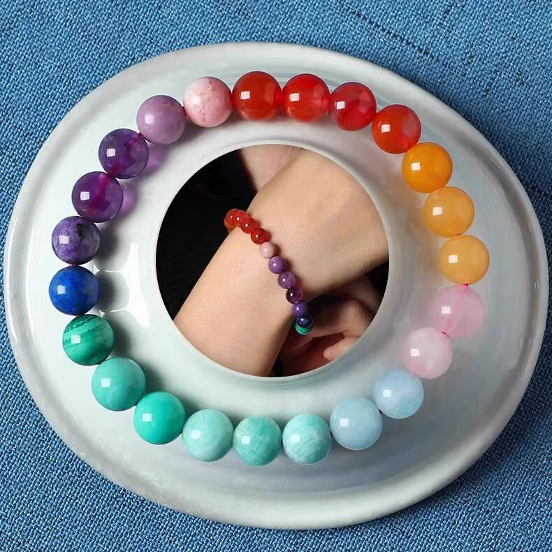 親寶水晶寶水晶彩虹多寶手串天然紫水晶手鏈南紅瑪瑙散珠海藍(lán)寶 珠徑8mm