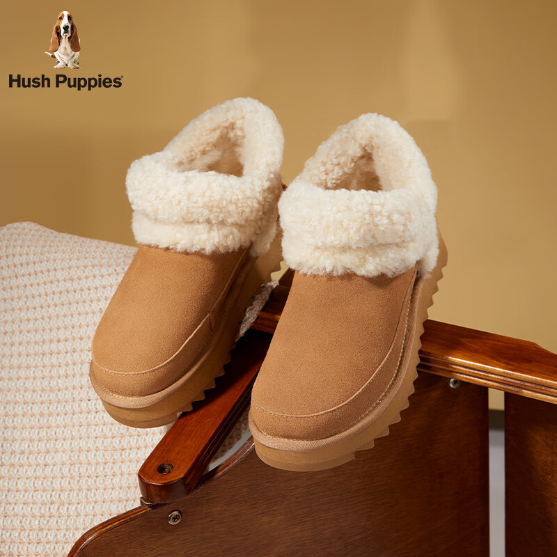 暇步士（Hush Puppies）雪地靴女 2025冬季新款女士舒适厚底毛鞋领圆头休闲懒人毛毛鞋 浅驼色 37