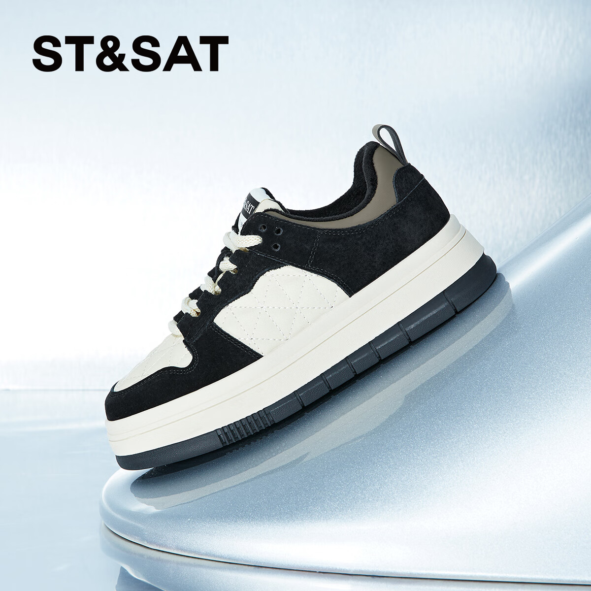 星期六（St&Sat）星期六平底鞋女2024龙年新款百搭拼色增高圆头休闲鞋 黑色 36