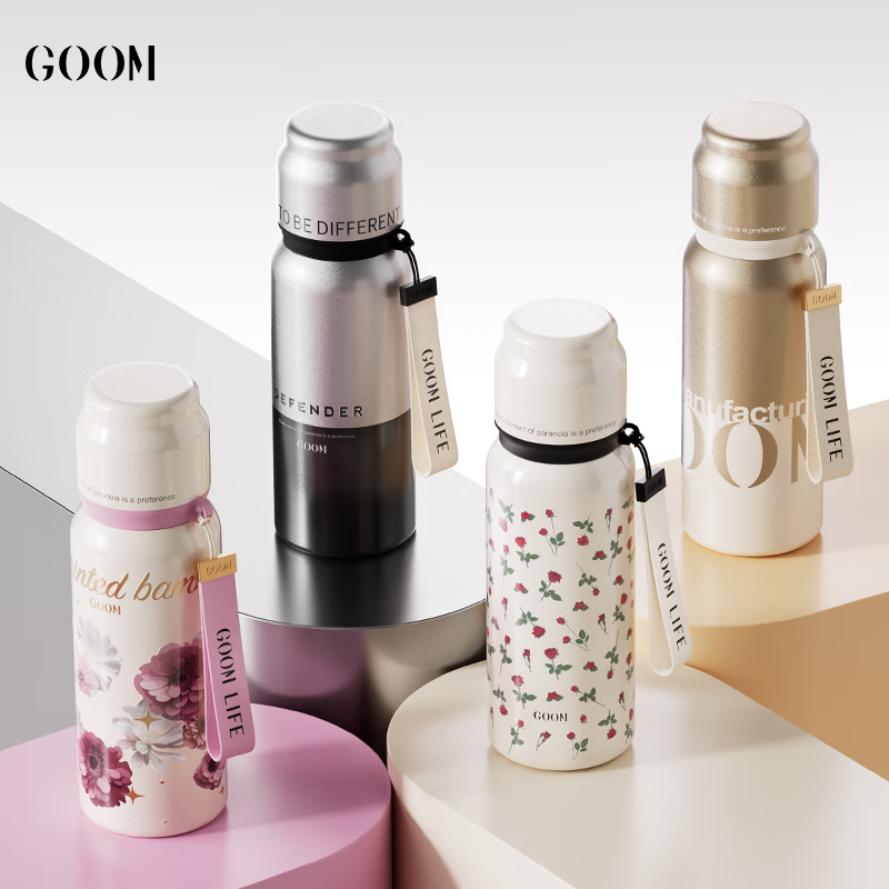 GOOM吸管保温杯带杯盖可喝水男生高颜值大容量双饮泡茶女士学生水杯子 黑曜银570ML【一盖三饮 可放书包侧兜】