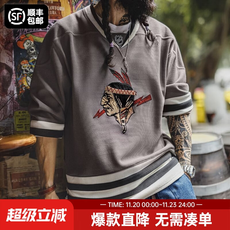 马登工装印第安刺绣长袖T恤男美式复古华夫格v领针织衫男士卫衣秋季 棕灰色 【宽松男t恤/2025新款】 M