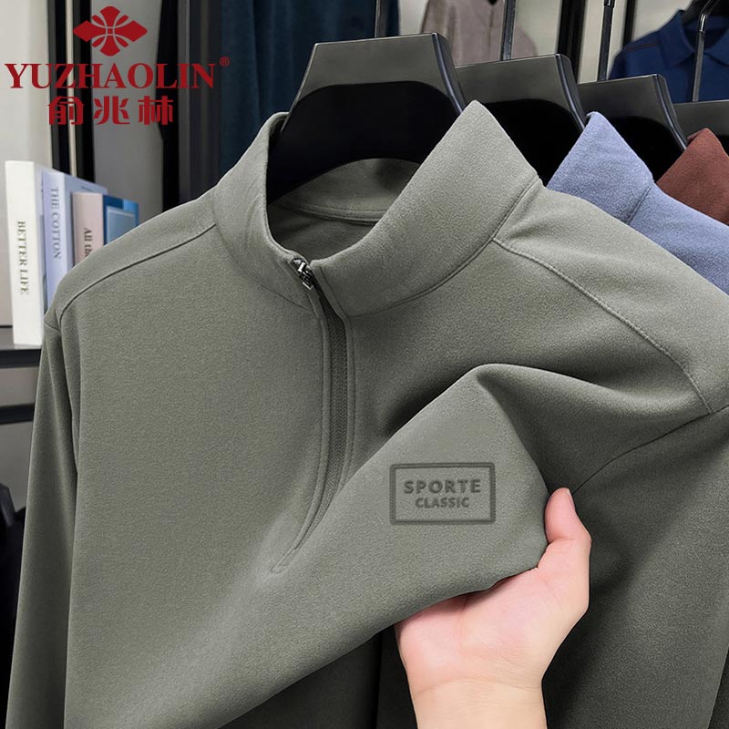 俞兆林（YUZHAOLIN）男士德绒长袖t恤秋冬季保暖半拉链打底衫中青年半高领体恤衫潮流 豆绿色 2XL （建议155到170斤穿）