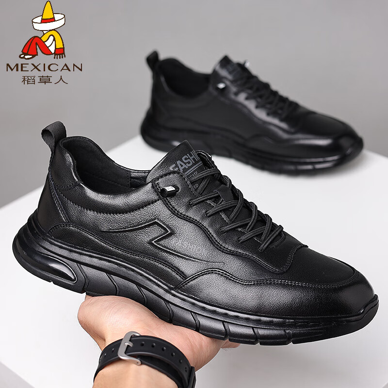 稻草人（MEXICAN）秋季新款大码男鞋加宽加肥真皮运动鞋黑色鞋子大号男士休闲皮鞋男 62720黑色 38