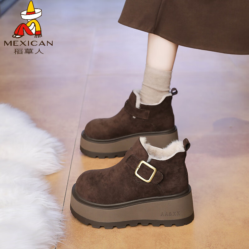 稻草人（MEXICAN）真皮厚底雪地靴女2026冬季加绒加厚短靴子保暖一脚蹬勃肯鞋大棉鞋 咖色 35