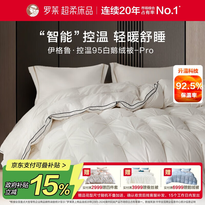 罗莱家纺 羽绒被子 A类95%水洗白鹅绒航天控温加厚冬被被芯重约6.8斤