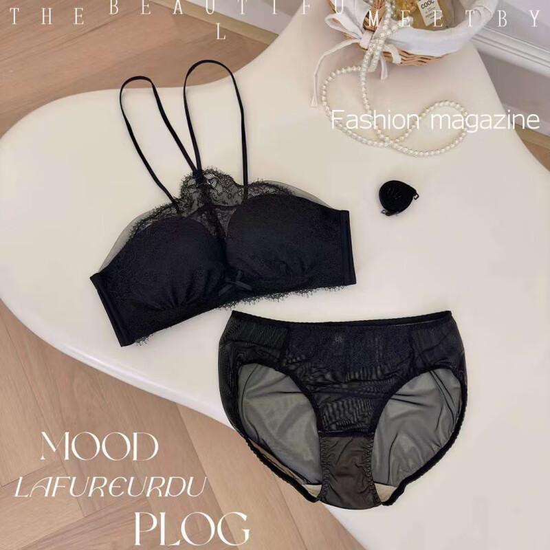 维多利亚性感的秘密法式挂脖美胸蕾丝内衣女薄款大胸显小无钢圈文胸罩套装 黑色套装 M 34/75