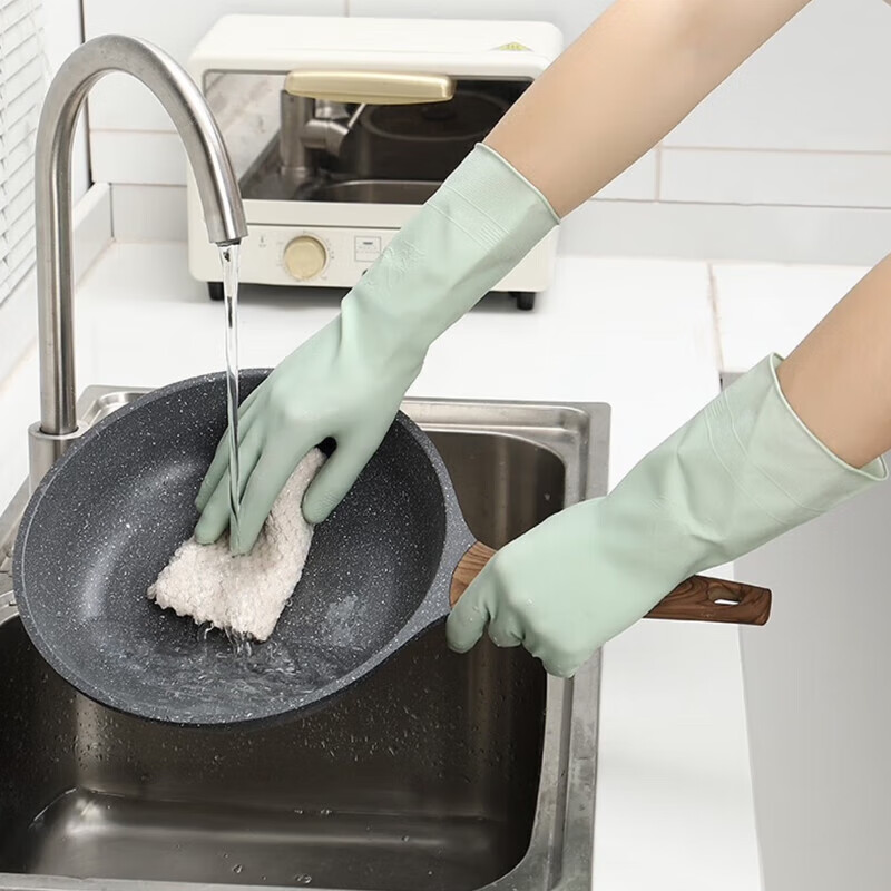 雅高长款洗碗手套均码家务清洁橡胶手套防水耐磨厨房袖套 夏季短款手套3双装