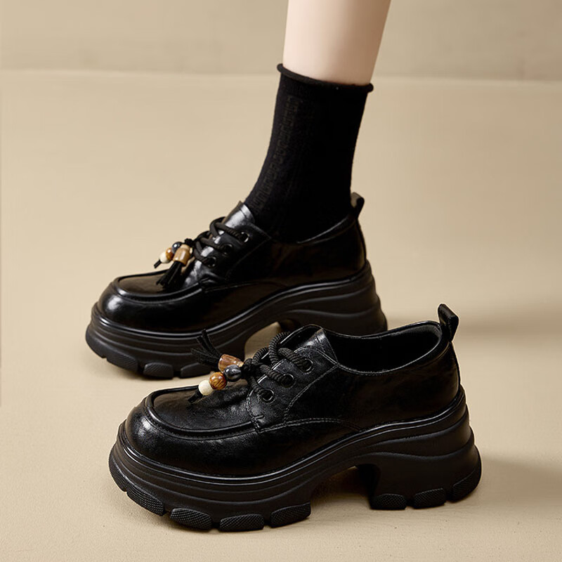 蓝晨语依2026春季新款厚底乐福鞋女粗跟棕色松糕系带单鞋小个子高跟小皮鞋 黑色 36 (230mm)