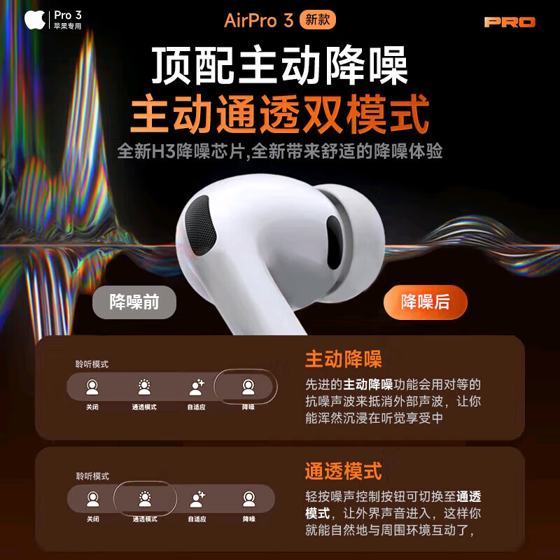 华强北airpods蓝牙耳机pro3 无线耳机耳夹耳塞mp3礼物大馒头战鼓 Pro3（ANC主动降噪+心率检测+无线充+霍尔开关）