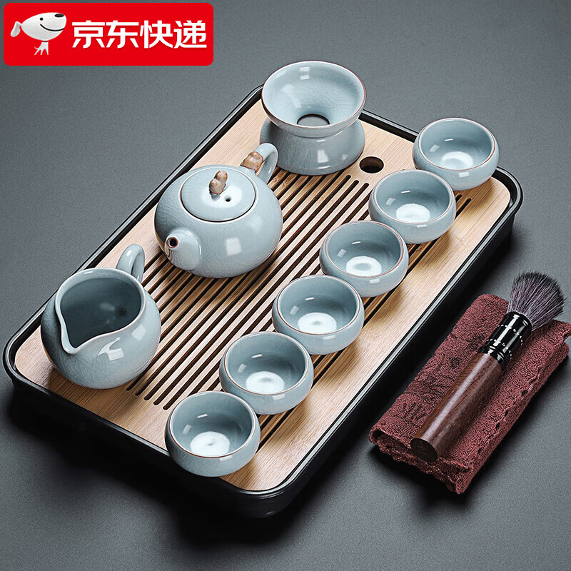 祥業(yè)汝窯茶具泡茶器全套裝茶盤陶瓷泡茶壺茶杯喬遷搬家送禮伴手禮 汝窯故里吉祥壺9件套+長方黑茶盤