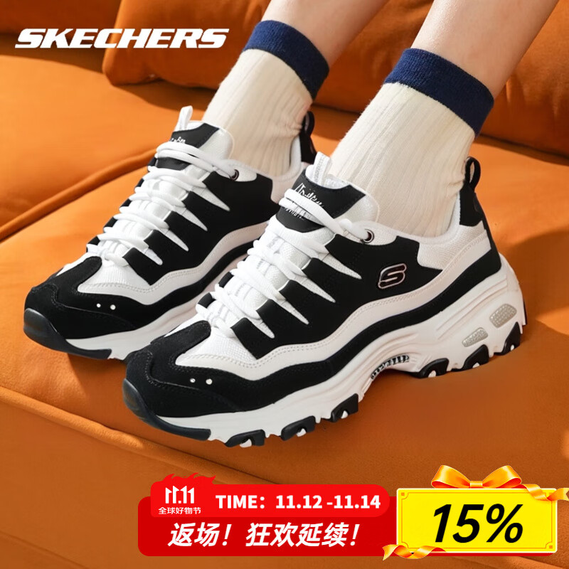 斯凯奇（Skechers）女鞋春夏季2025新款黑白熊猫鞋厚底增高老爹鞋轻便休闲鞋运动鞋女 13141-BKW 35