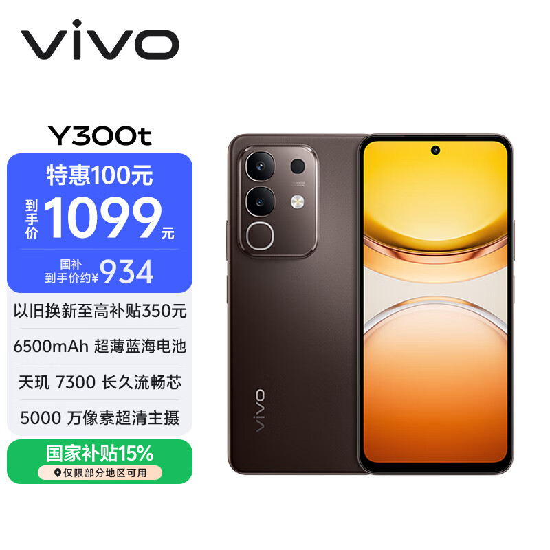 vivo Y300t 8GB+128GB 黑咖 国家补贴 6500mAh超薄蓝海电池 天玑7300长久流畅芯 全功能NFC AI手机