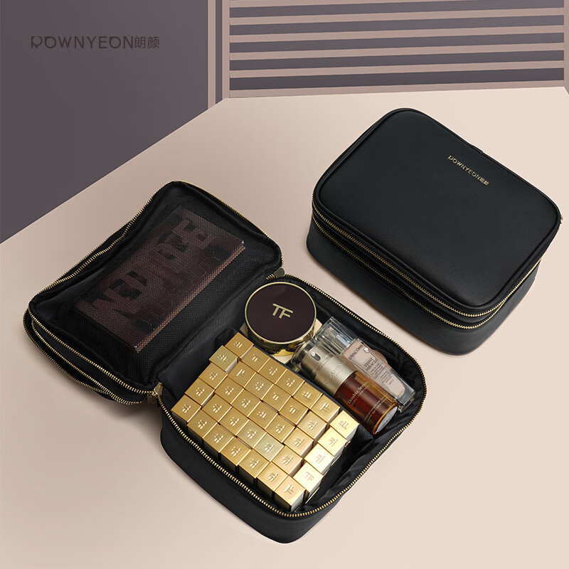 朗顏（Rownyeon）雙層化妝包女大容量便攜化妝品收納盒包手提紋繡 黑色