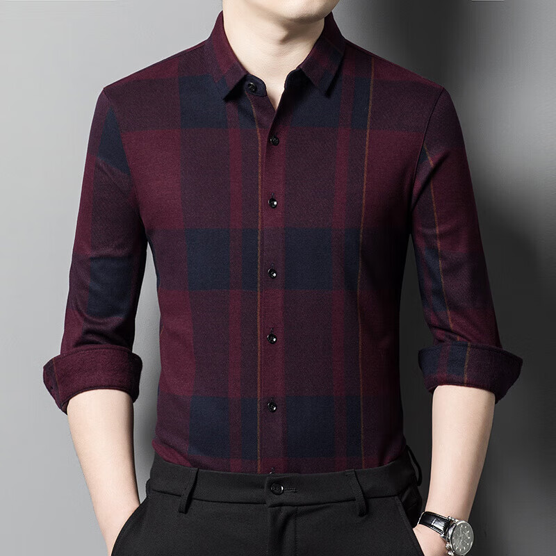 EMZ鄂尔多斯市高端磨毛羊绒男士衬衫长袖保暖秋商务中年加厚羊毛衬衣 深紫红大格子865 5XL 195 京东折扣/优惠券