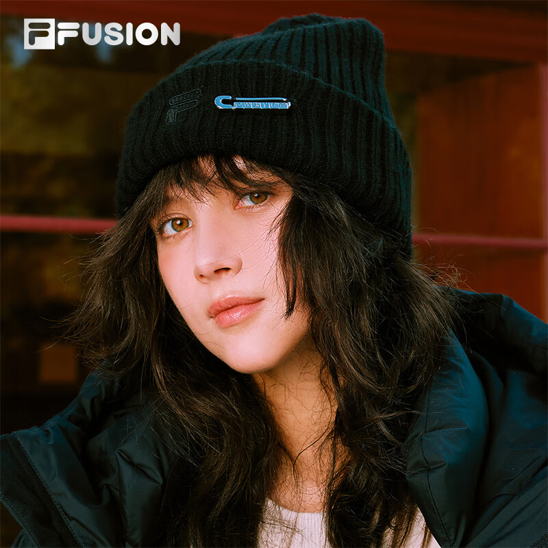 FILA FUSION斐乐潮牌情侣款针织帽2025冬新款时尚休闲毛线帽冷帽 纤黑-BK XS