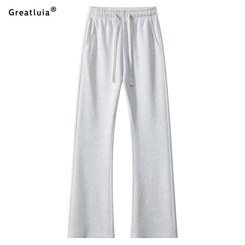 GREATLUIA秋冬季新款加绒纯色微喇休闲裤青少年百搭显腿长潮酷慵懒风长裤 白花灰 L