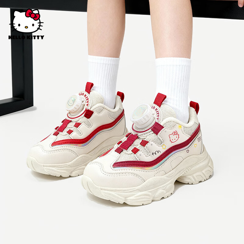Hello Kitty【新年款】童鞋女童运动鞋2025秋冬款纽扣女孩老爹鞋中大童跑步鞋 红色 【加绒二棉】 32 适用脚长19.7-20.2cm