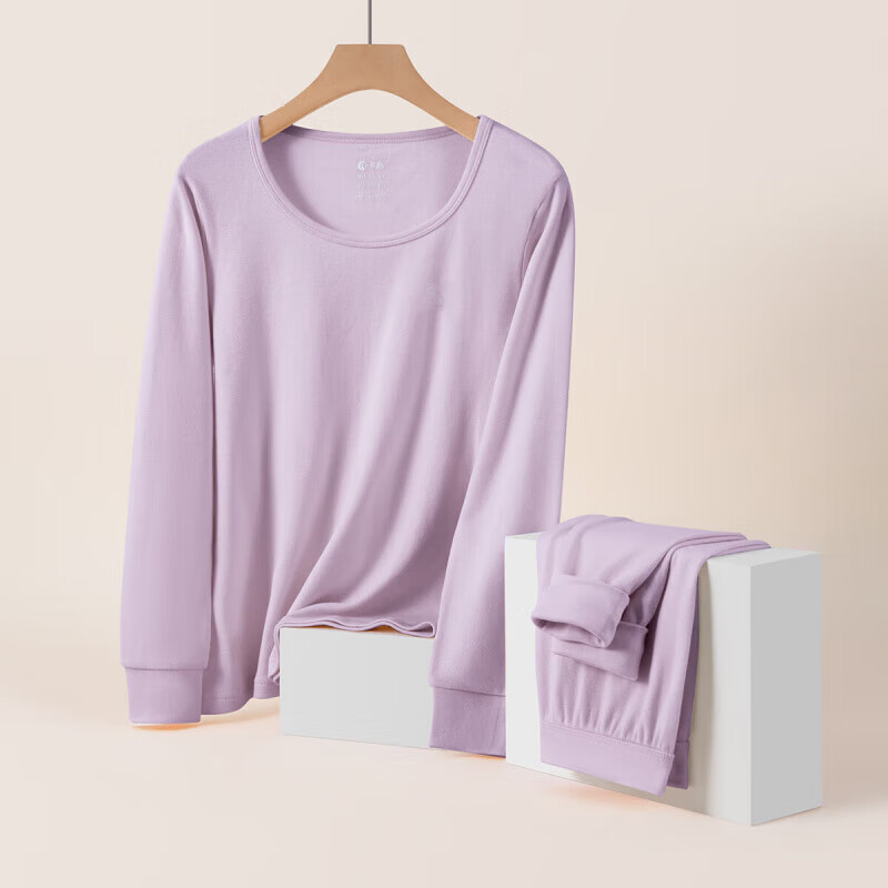 芬腾保暖内衣【纯棉 防静电】2025情侣圆领温暖打底套装秋衣秋裤 女款-浅灰紫 L