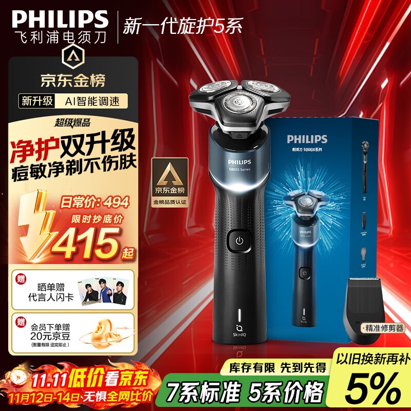 飞利浦（PHILIPS）电动剃须刀新一代旋护5系 净护双升级AI智能痘敏肌刮胡刀  送老公  父亲生日礼物 国家补贴