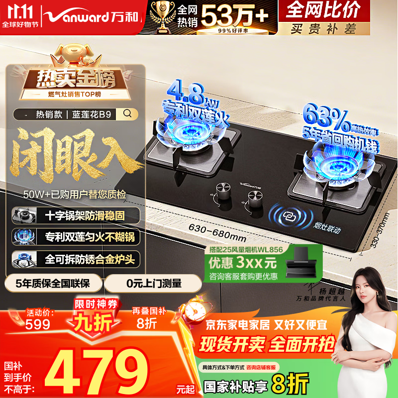 万和（Vanward）【蓝莲花B9】液化气燃气灶4.8kW猛火烟灶联动家电以旧换新国家补贴20%嵌入家用煤气双炉具台B9L50