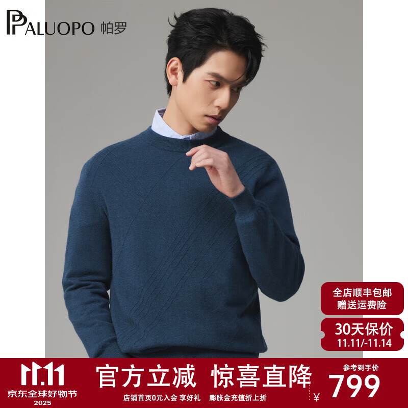 帕罗（PALUOPO）100%山羊绒衫男 秋冬保暖线条提花圆领针织保暖毛衣 商务休闲内搭 迷雾蓝 XL (115码)