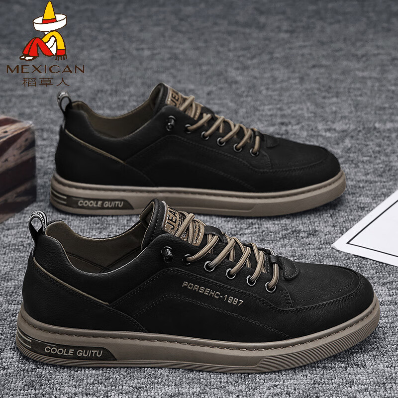 稻草人（MEXICAN）男鞋秋冬英伦风复古男士翻毛皮鞋防水防滑运动厚底增高大头德比鞋 黑色(特价款) 44 标准运动码