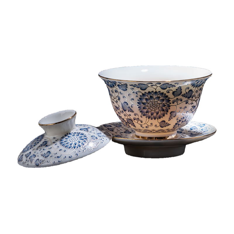 兮元記月華銀蓮羊脂玉瓷三才蓋碗茶杯單個茶碗帶蓋家用泡茶器 月華銀蓮羊脂玉瓷若水蓋碗