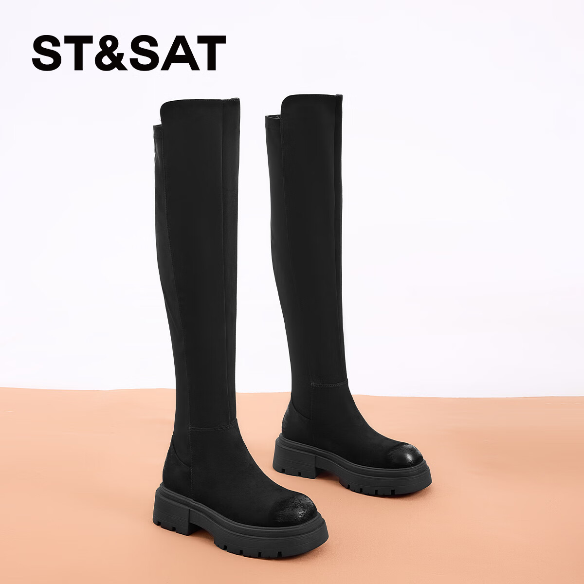 星期六过膝厚底长筒靴女2025新款冬季黑色加绒靴子女高筒瘦瘦长靴 黑色【单里款】 SS24119676 37