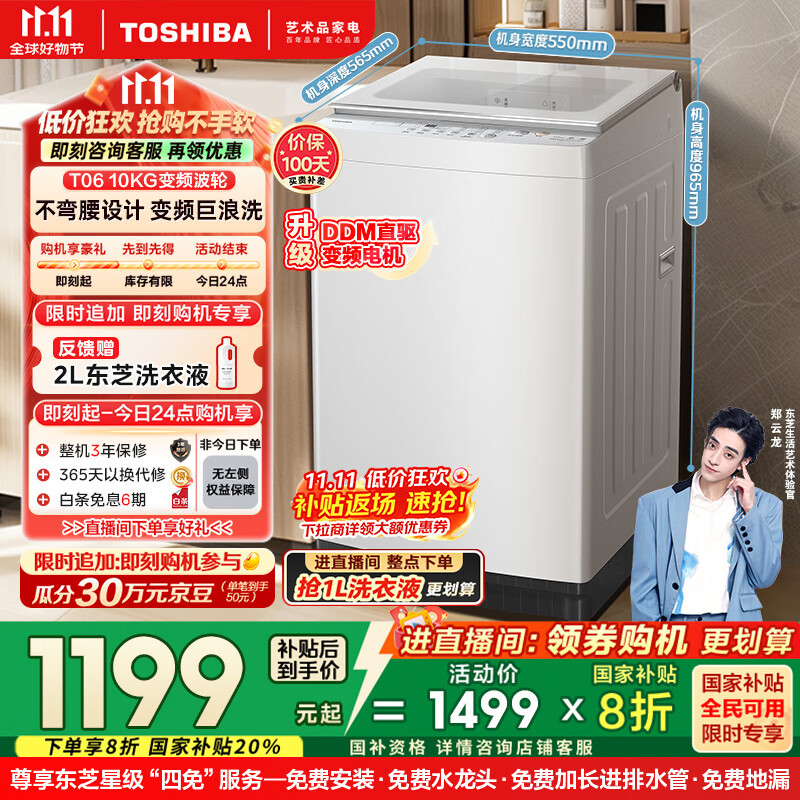 东芝（TOSHIBA）波轮洗衣机全自动 DB-10T06D 直驱变频 10公斤大容量白色 不弯腰 除菌螨 以旧换新家电国家补贴20%