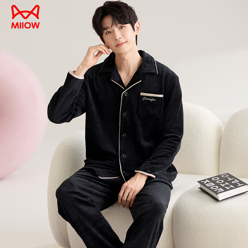 猫人（MiiOW）薄绒睡衣男士秋冬季2025新款保暖珊瑚绒短绒开衫男款加绒厚家居服 88646#男款AM XL