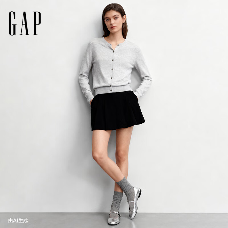 盖璞（GAP）女装2025秋季新款纯棉圆领针织衫基础款开衫毛衣美版 浅灰色 S 美码  M亚洲码165/88A
