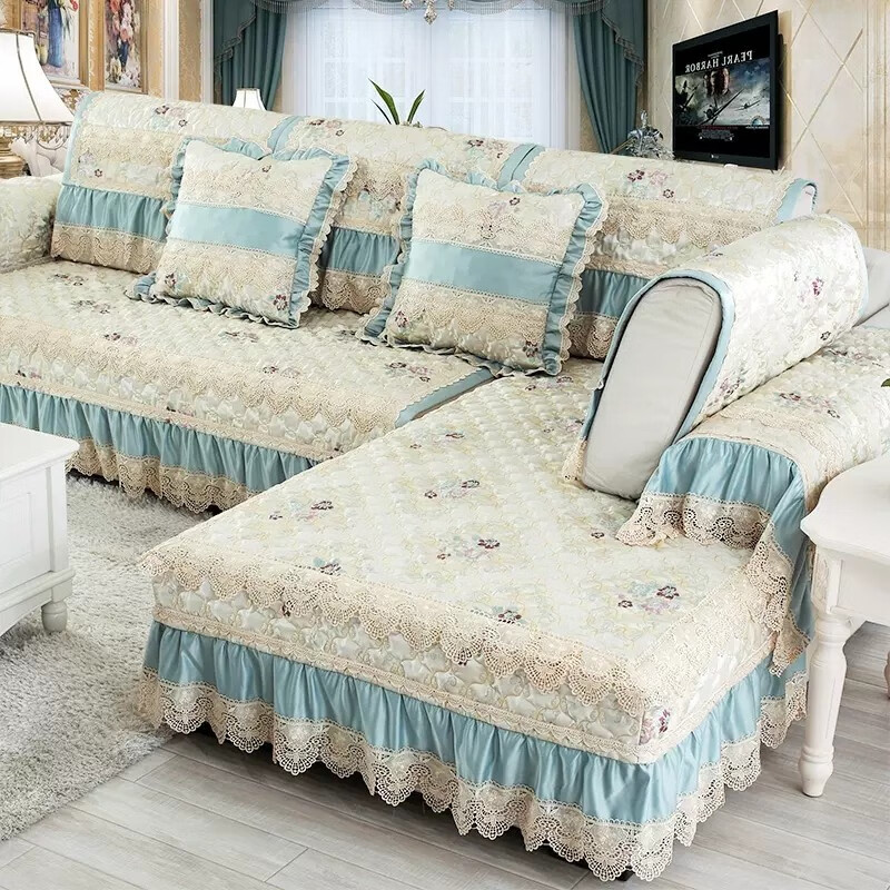 垫套罩布艺防滑四季通用123组合套装贵妃全包沙发套 如花似锦-青色