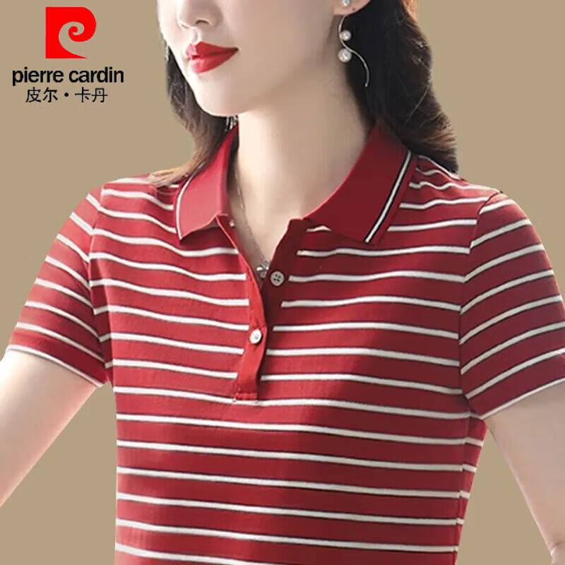 皮尔卡丹（pierre cardin）纯棉Polo夏季2026新款条纹翻领短袖大码休闲运动带领T恤女士上衣 宝蓝【纯棉Polo】 4XL 【建议145-160斤】