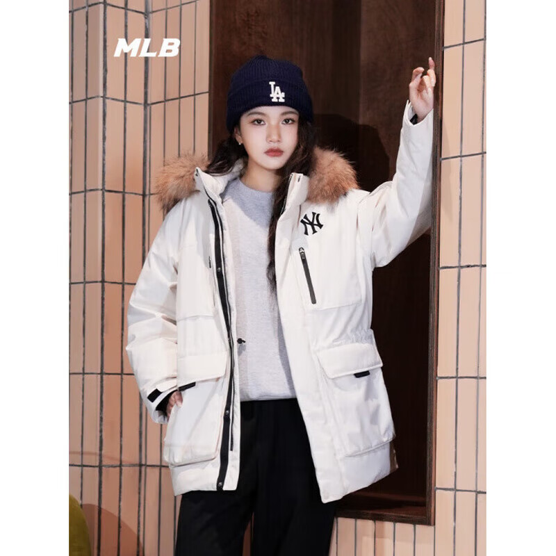 MLB男女张凌赫中长款户外时尚羽绒服加厚鹅绒工装风毛领服24秋冬 纽约洋基队/奶白色 XL