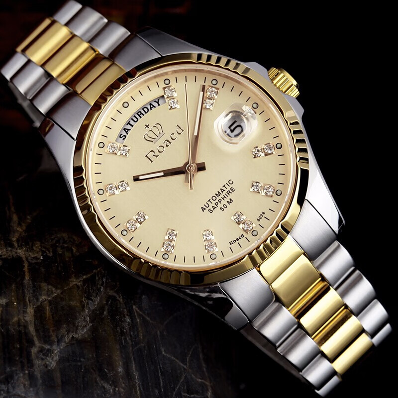 roacd瑞士注册国检双认证劳莱斯顿手表男士夜光日历镂空机械土豪金表