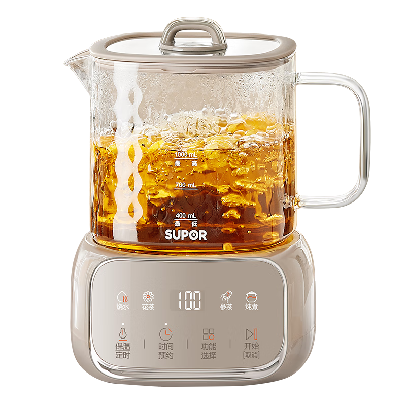 苏泊尔（SUPOR）全玻璃养生壶 煮茶壶1L迷你养生杯煮茶器花茶壶 恒温壶 母婴级 保温烧水壶0胶水 SW-10Y08QA
