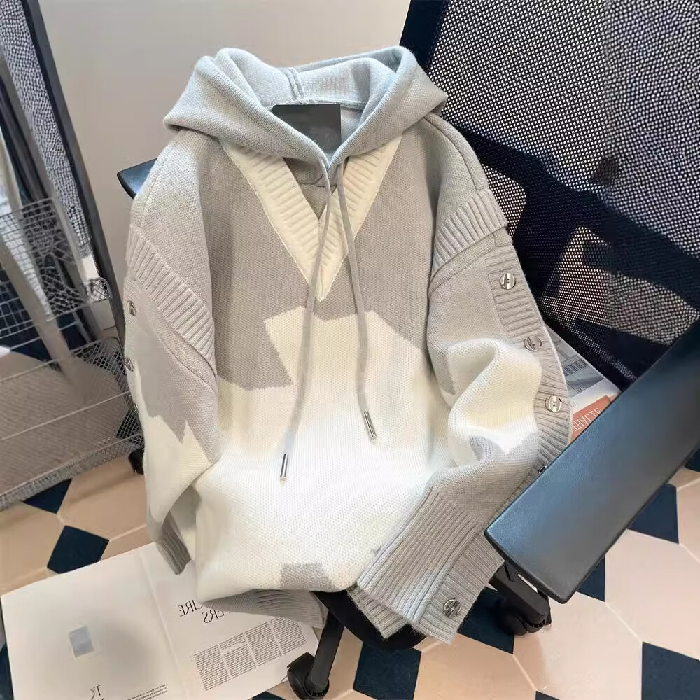 美式设计感小众撞色连帽针织卫衣男女潮牌vintage假两件毛衣外套 灰色 2XL