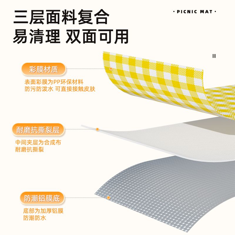OIMG野餐垫防潮垫加厚铝膜防水户外草坪垫便携折叠帐篷露营野炊垫地垫 黄格 200*150cm围坐4-6