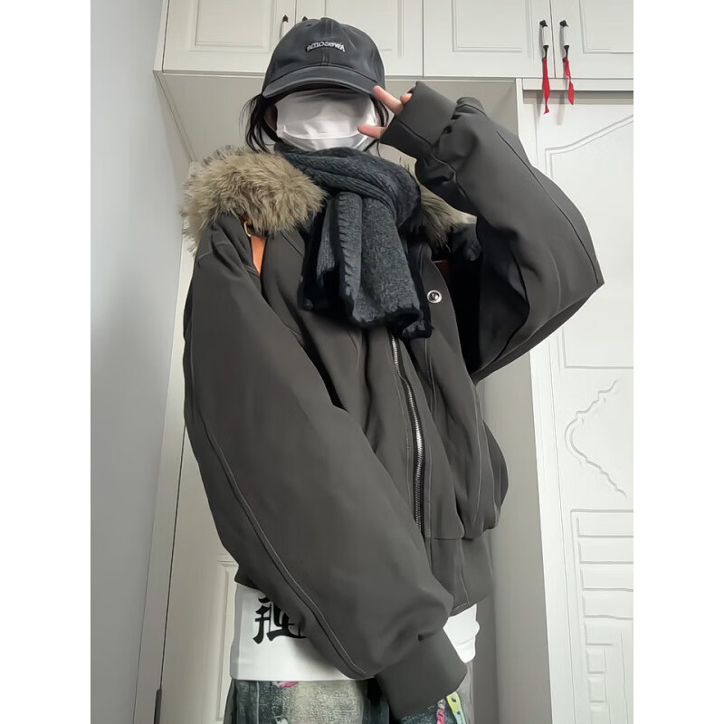 相伊恋人棉服女25年秋冬新款座山雕短款外套加绒加厚小个子派克服工装棉袄 灰绿色 L 【推荐115斤-130斤】