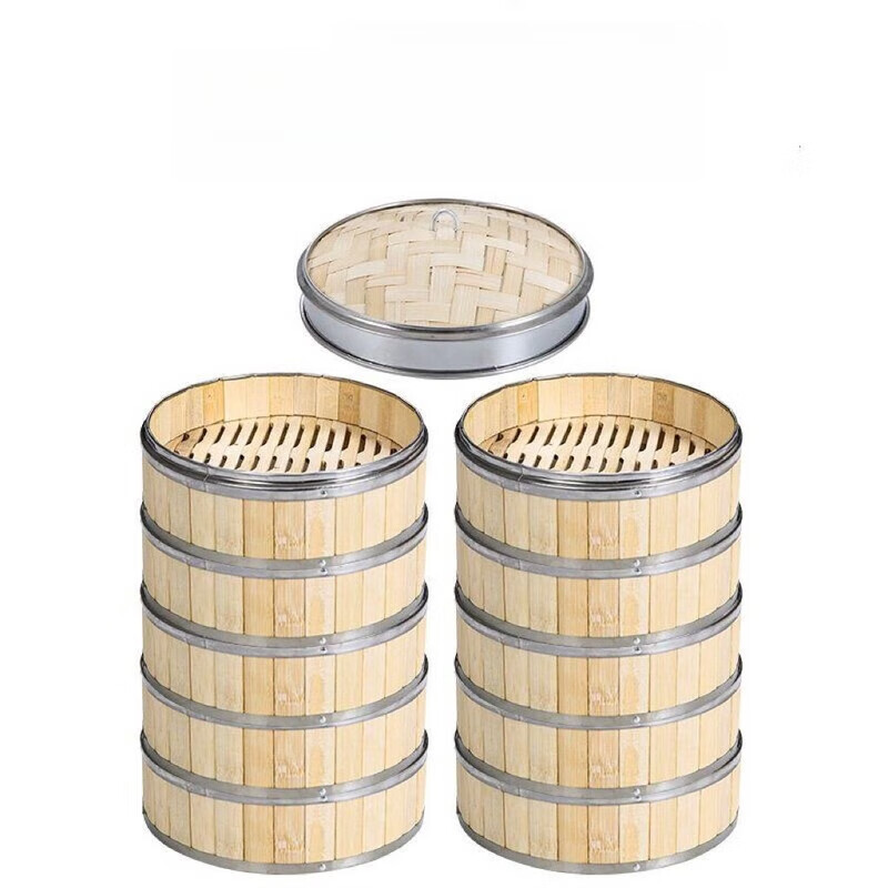 GIOIO竹制蒸笼小笼包加深不锈钢包边蒸格蒸饭商用饺子茶餐厅蒸屉圆形 二笼一盖【钢边】 13.5cm（装小笼包3个左右）